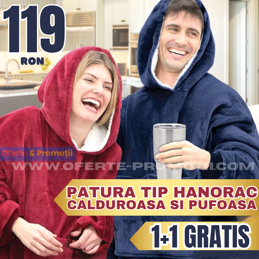 Patura tip hanorac, cu gluga, calduroasa și pufoasa 1+1 GRATIS
