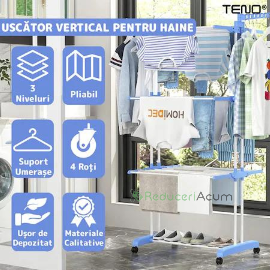 Uscator Vertical pentru Rufe si Haine, 3 niveluri, mobil, pliabil, pentru spatii mici, suport umerase, cadru rezistent, inaltime 175cm, albastru