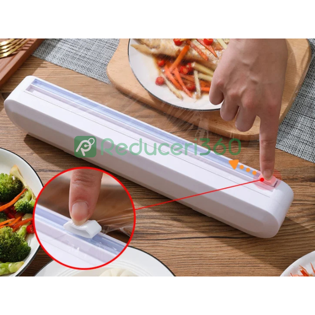 Dispenser folie alimentara stretch, cu ventuze si dispozitiv de taiere