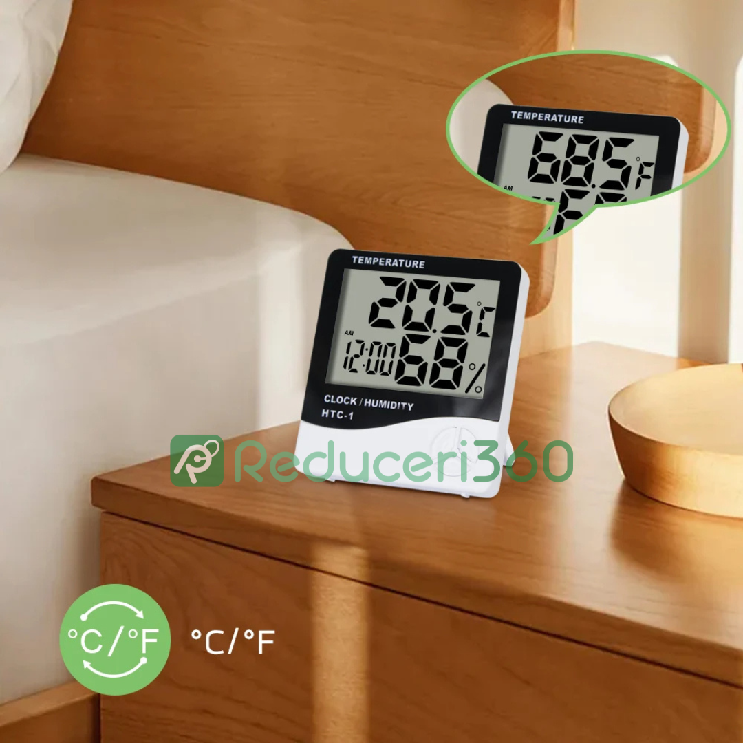 Termometru si Higrometru Digital de Camera HTC1, Design Slim, Ceas, Functie Min / Max, Baterie Inclusa AAA ,Suport Stand, Slim, Alb