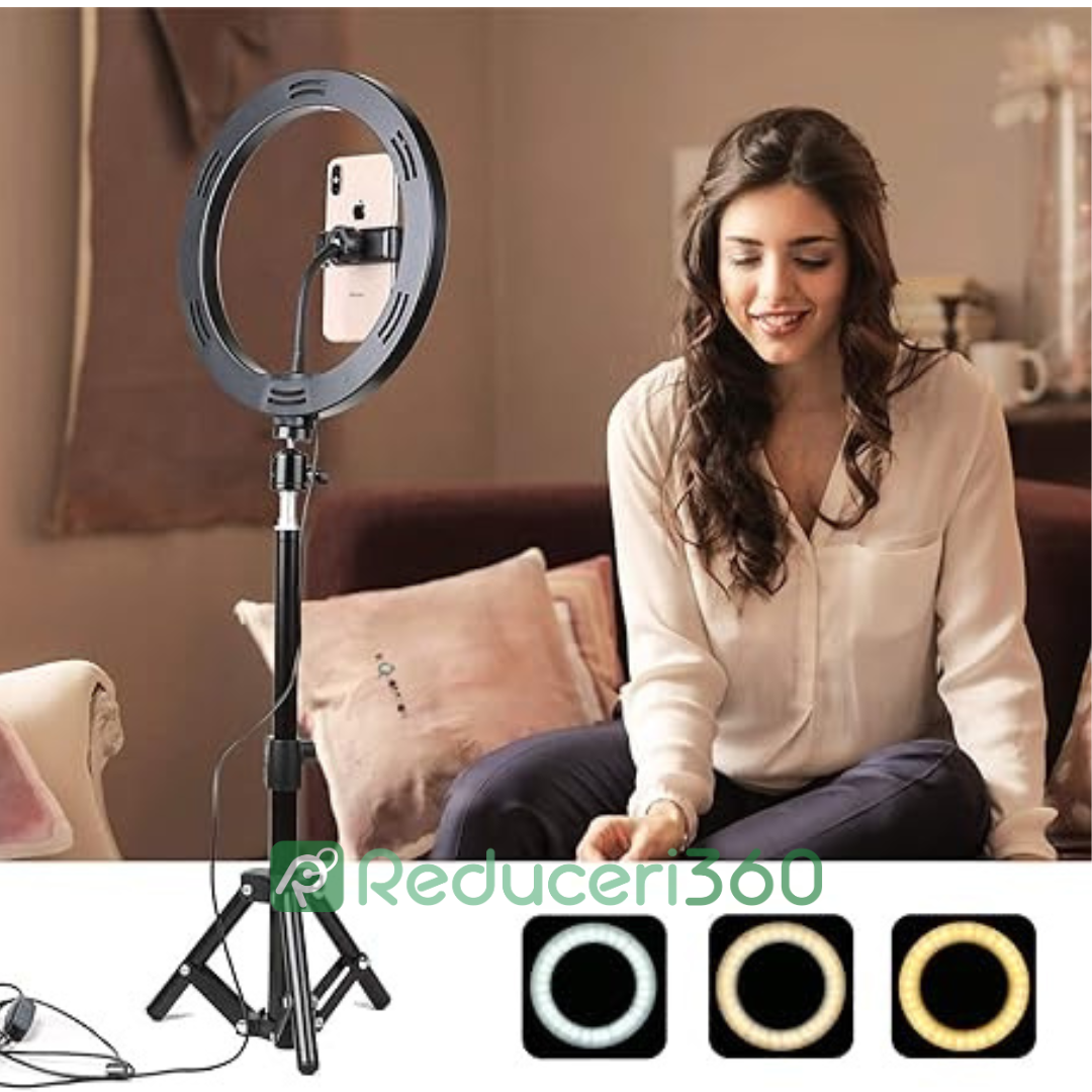 Lichidare de stoc. Lampa circulara LED cu trepied si suport de telefon