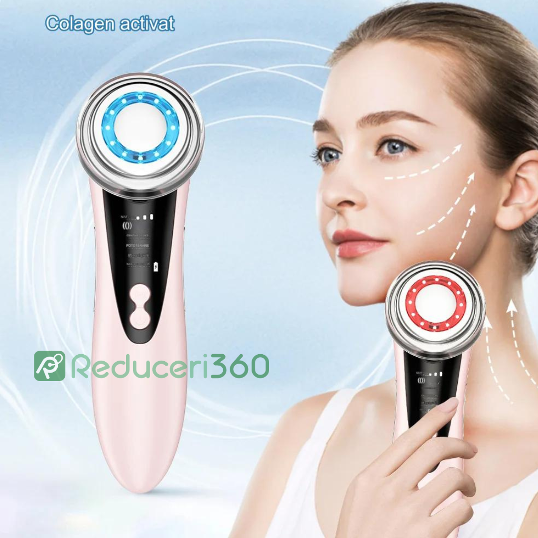 Dispozitiv de rejuventare faciala, cu functii multiple, curatare, masaj antirid, inchidere pori, rejuvenare, Roz