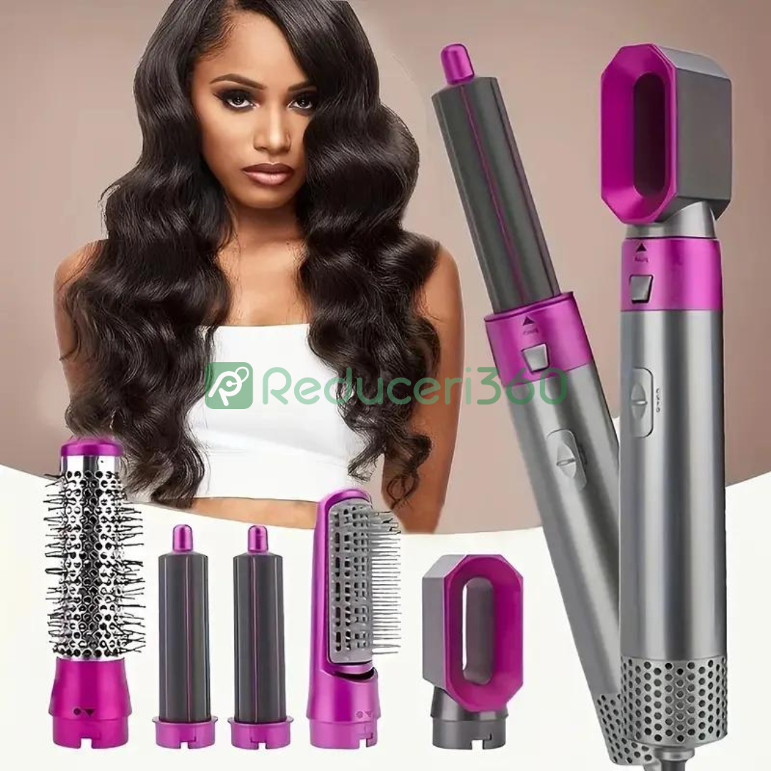 Perie de par 5n1, Aer cald, 3 Trepte temperatura, Roz/Gri