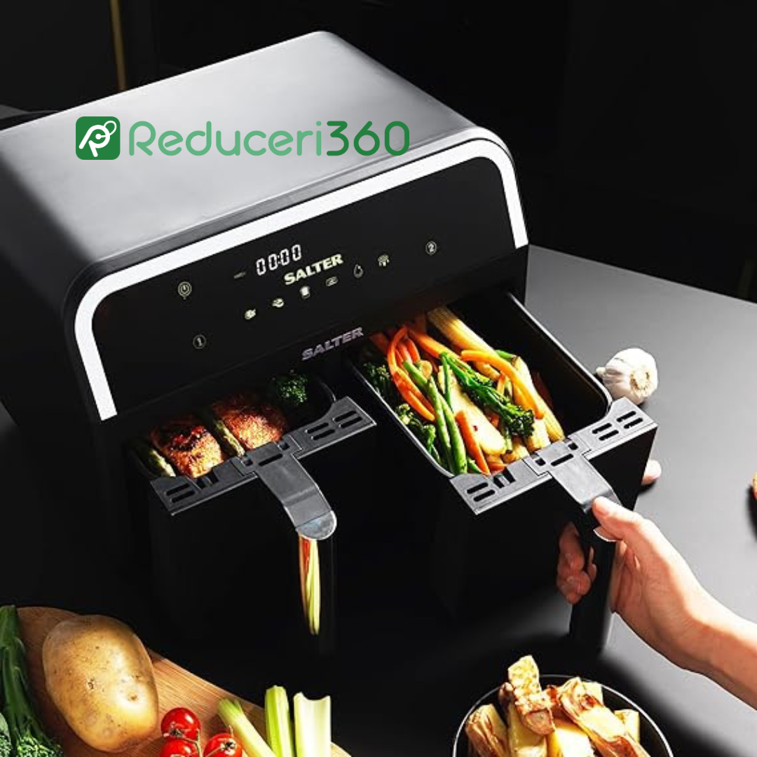 Friteuza cu aer cald 3000W, Cos Dublu, 10 litri, Termostat 80 - 200 °C, 8 programe predefinite, Negru