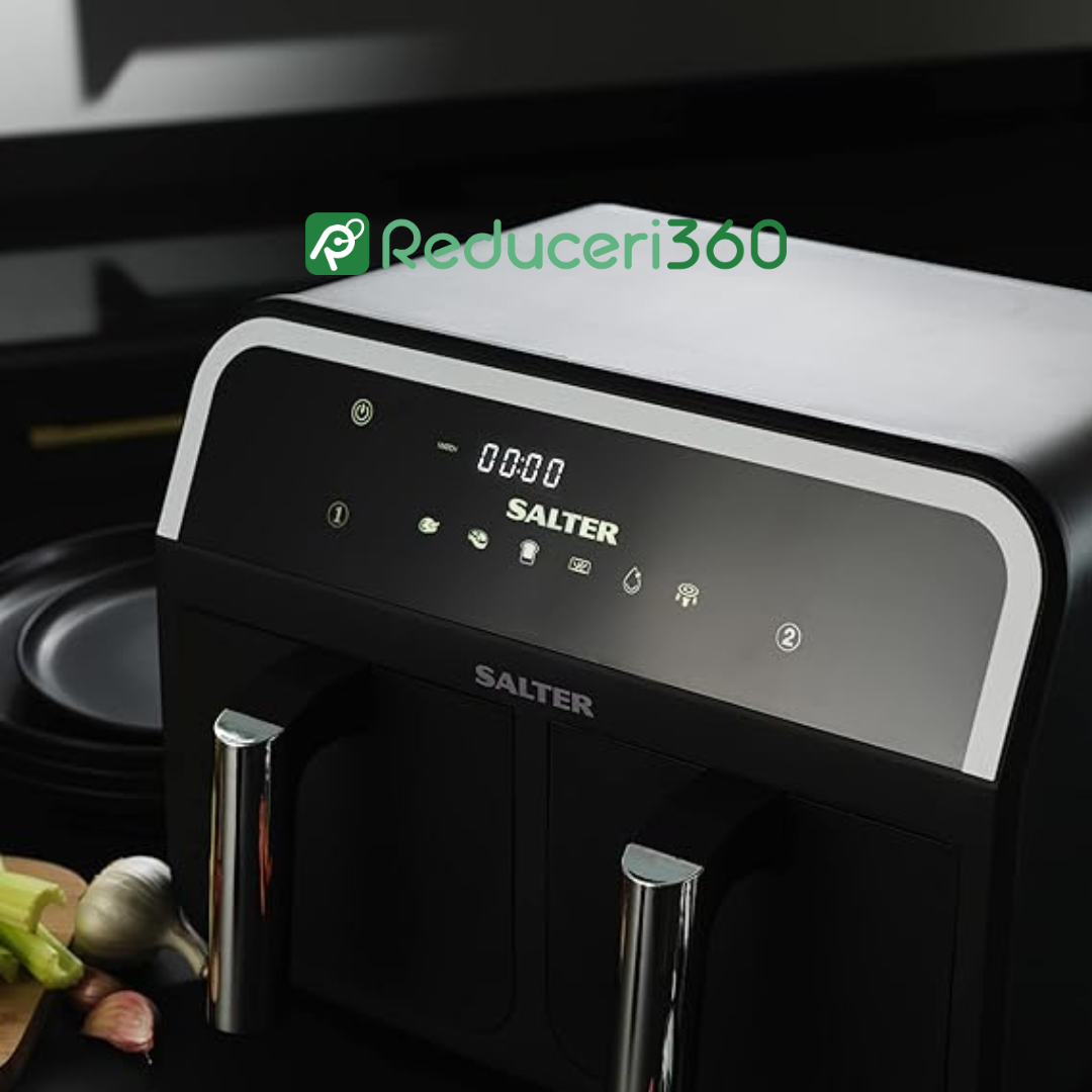 Friteuza cu aer cald 3000W, Cos Dublu, 10 litri, Termostat 80 - 200 °C, 8 programe predefinite, Negru