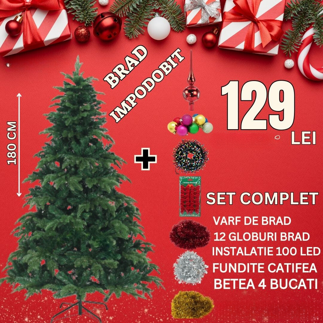 Brad de Craciun 1,8 m, Set Accesorii Pentru Impodobit Incluse, Instalatie 100 LED