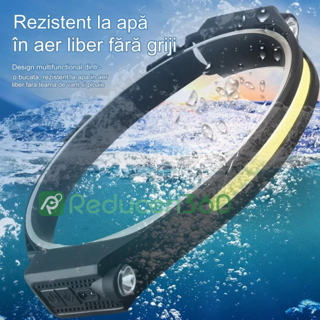 Lanterna de cap LED, profesionala, acumulator, senzor miscare si lumina laterala