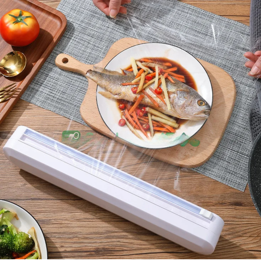 Dispenser folie alimentara stretch, cu ventuze si dispozitiv de taiere