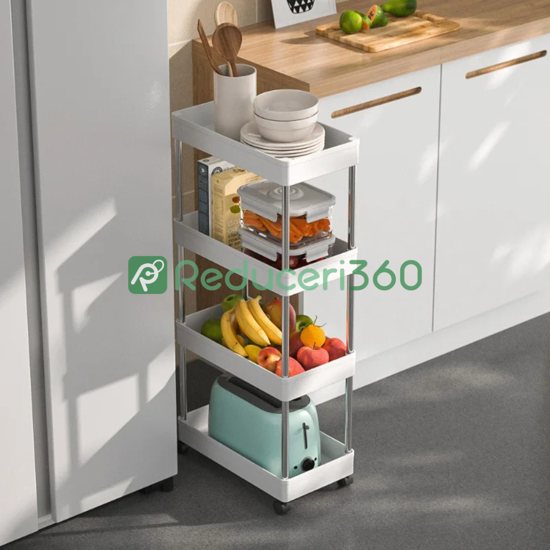 Suport depozitare, cu 4 rafturi si roti, pentru baie sau bucatarie