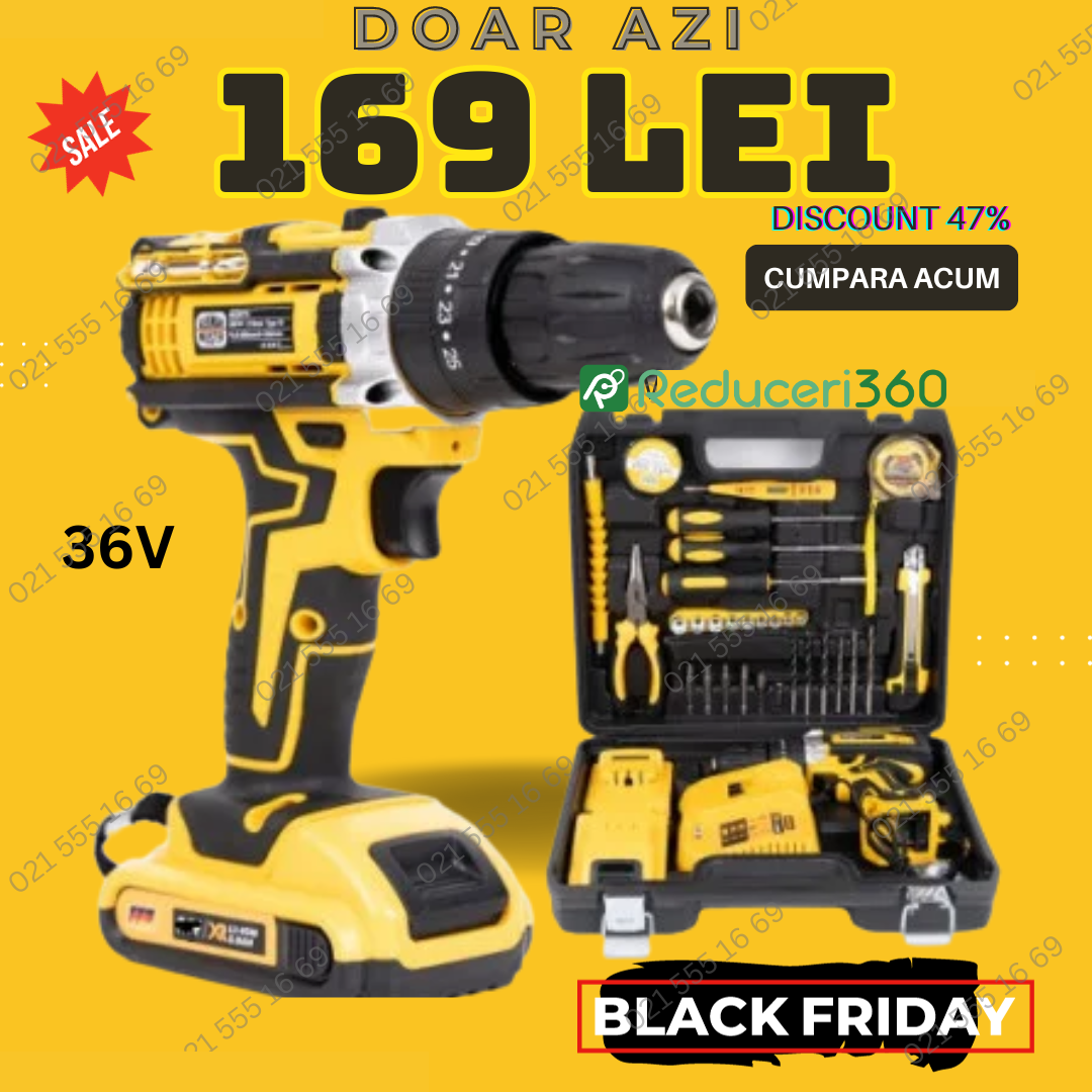 Trusa bormasina LEIH MANN, 2 acumulatori, 36V, 5Ah, incarcator si 30 accesorii, galben