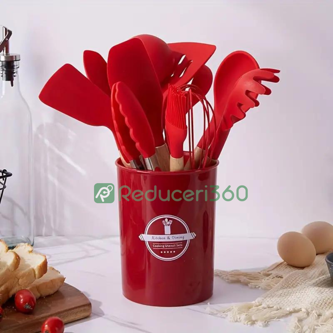 Set ustensile bucatarie 12 piese Lemn si Silicon alimentar Termorezistente Antiaderente Suport Blat Rosu