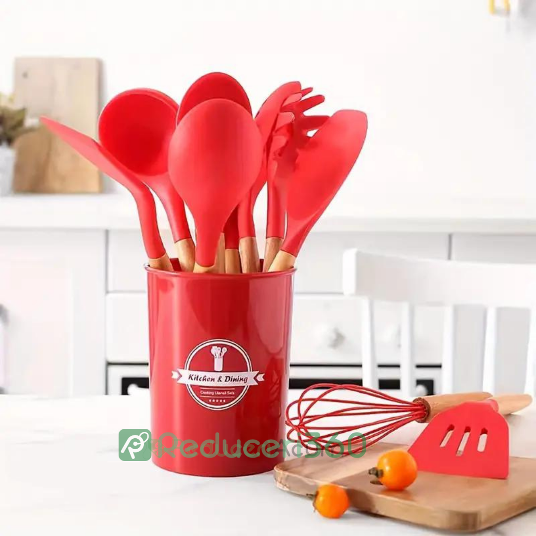 Set ustensile bucatarie 12 piese Lemn si Silicon alimentar Termorezistente Antiaderente Suport Blat Rosu