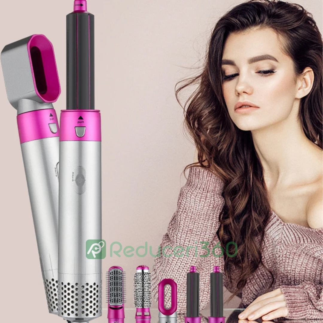 Perie de par 5n1, Aer cald, 3 Trepte temperatura, Roz/Gri