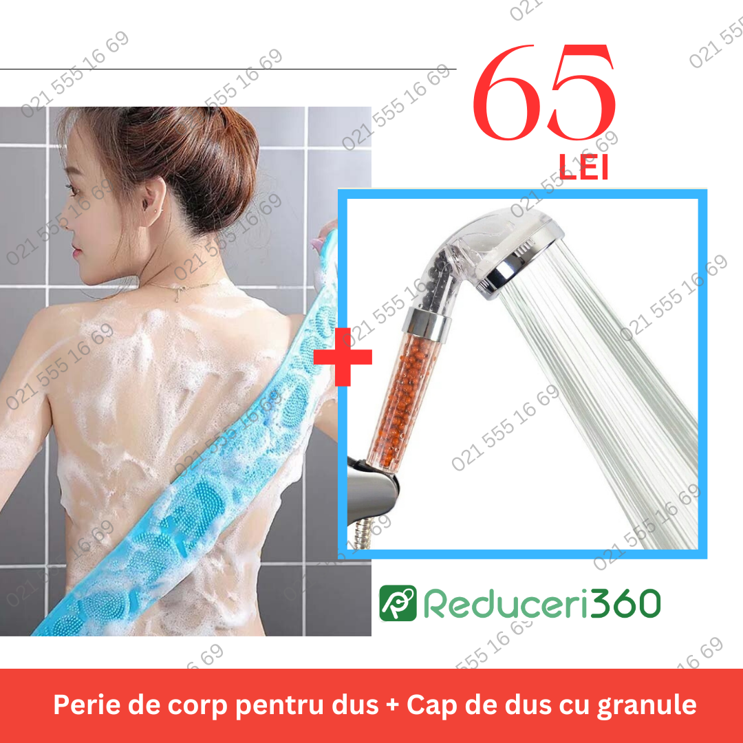 Pachet! Perie de corp pentru dus + Cap de dus cu granule