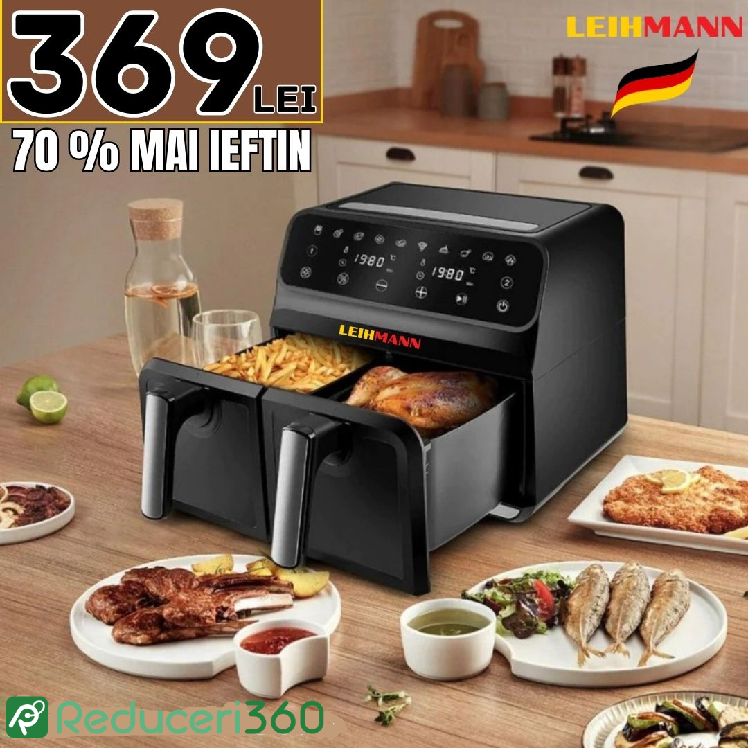 Friteuza cu aer cald 3000W, Cos Dublu, 10 litri, Termostat 80 - 200 °C, 8 programe predefinite, Negru