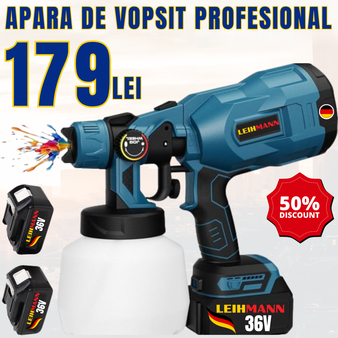 Aparat Profesional De Vopsit Și Zugrăvit LEIHMANN, Electric, Cu Rezervor De Vopsea, 800 ml si 2 Acumulatori, 36V, Portabil