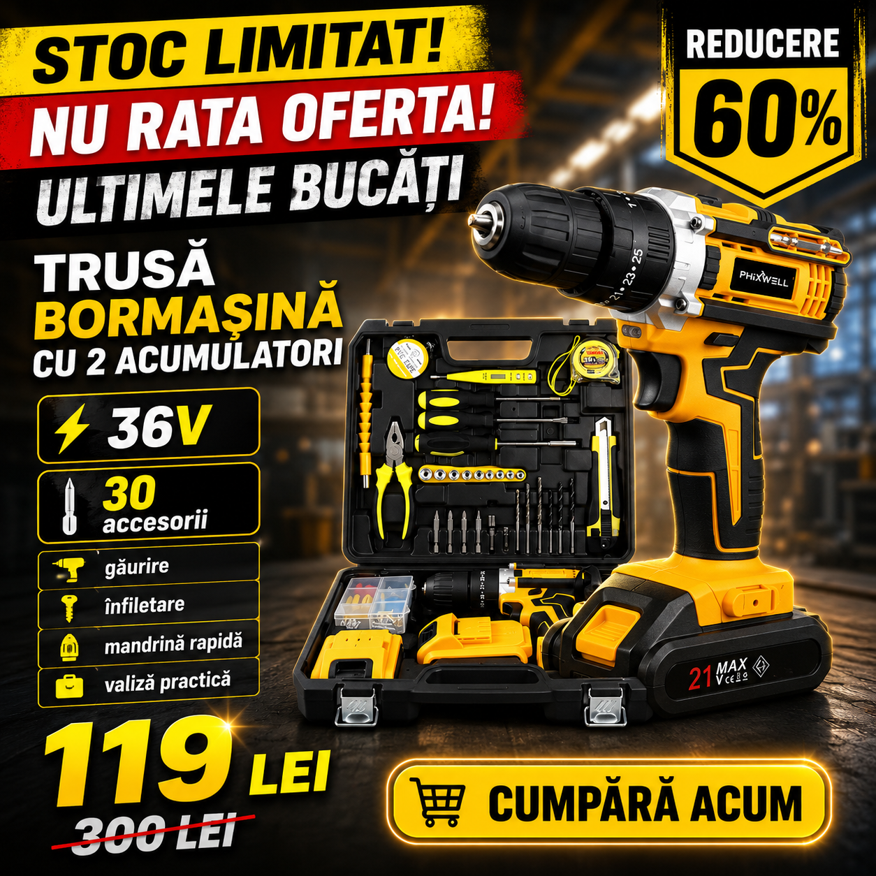 Trusa bormasina LEIH MANN, 2 acumulatori, 36V, 5Ah, incarcator si 30 accesorii, galben